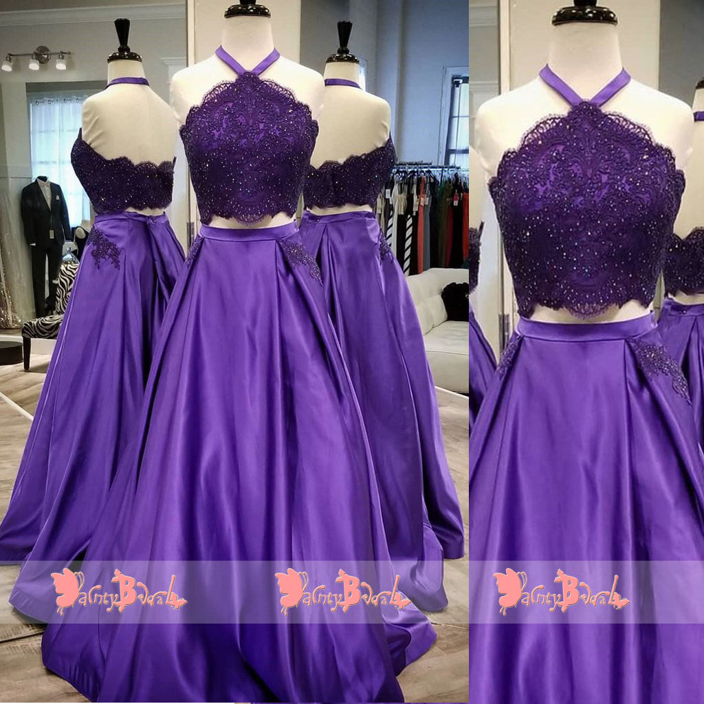 Fashion Purple Lace With Beads Two Piece Halter A-line Charming Long Prom Dresses. DB1072