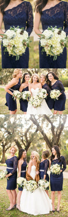 Elegant One Shoulder Long Sleeve Lace Navy Blue Knee Length Short sheath  Bridesmaid Dresses, WG128