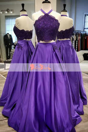 Fashion Purple Lace With Beads Two Piece Halter A-line Charming Long Prom Dresses. DB1072