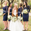 Elegant One Shoulder Long Sleeve Lace Navy Blue Knee Length Short sheath  Bridesmaid Dresses, WG128