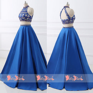 Stunning Rhinestone Two Piece High Neckline Open Back For Teens Prom Dresses. DB1073
