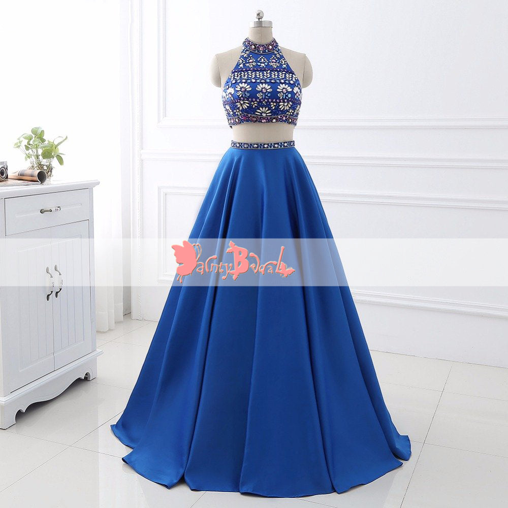 Stunning Rhinestone Two Piece High Neckline Open Back For Teens Prom Dresses. DB1073