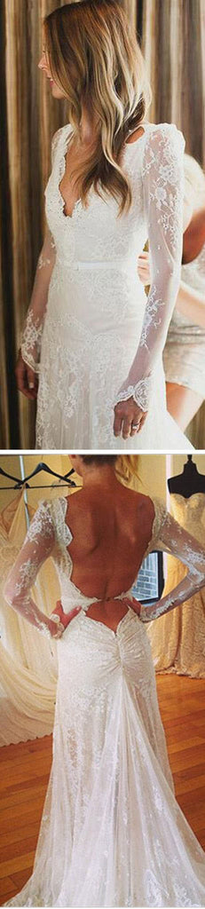 Elegant A-line Long Sleeve Deep V-Neck Backless Sexy Full Lace Wedding Party Wedding Dresses.  DB0005