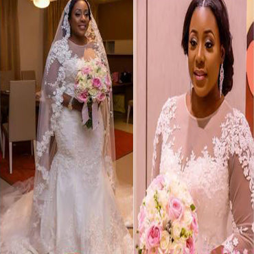 Generous Clairvoyant Outfit  Appliques  Mermaid Lace Tulle Long Illusion Sleeve Plush Size Wedding Dresses, WD0114