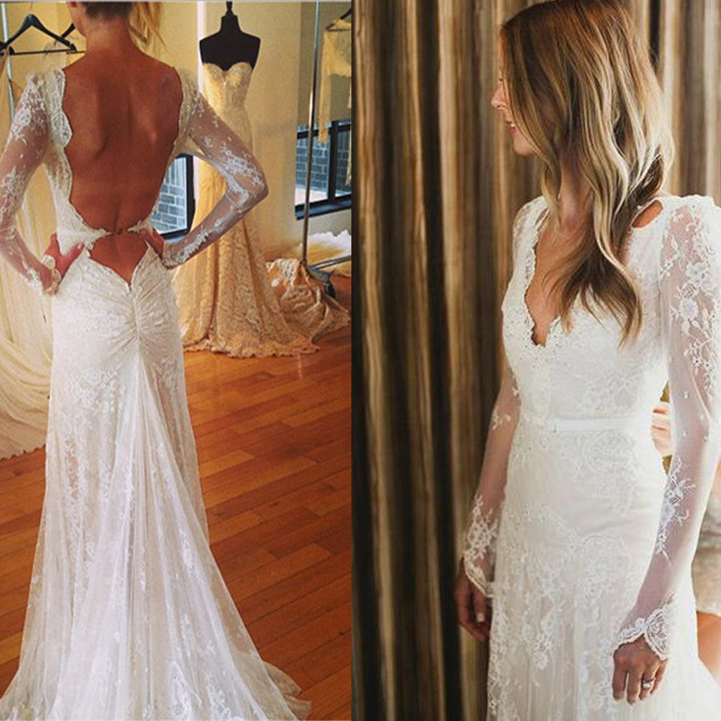 Sexy V-neck Backless Mermaid Long Sleeve Full White Lace Tulle Floor Length Wedding Party Dresses, WD0012