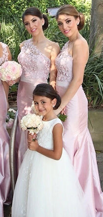 One Shoulder Asymmetric Mermaid Elegant Pink Handmade Flowers Sweep Trailing Bridesmaid Dresses , WG143