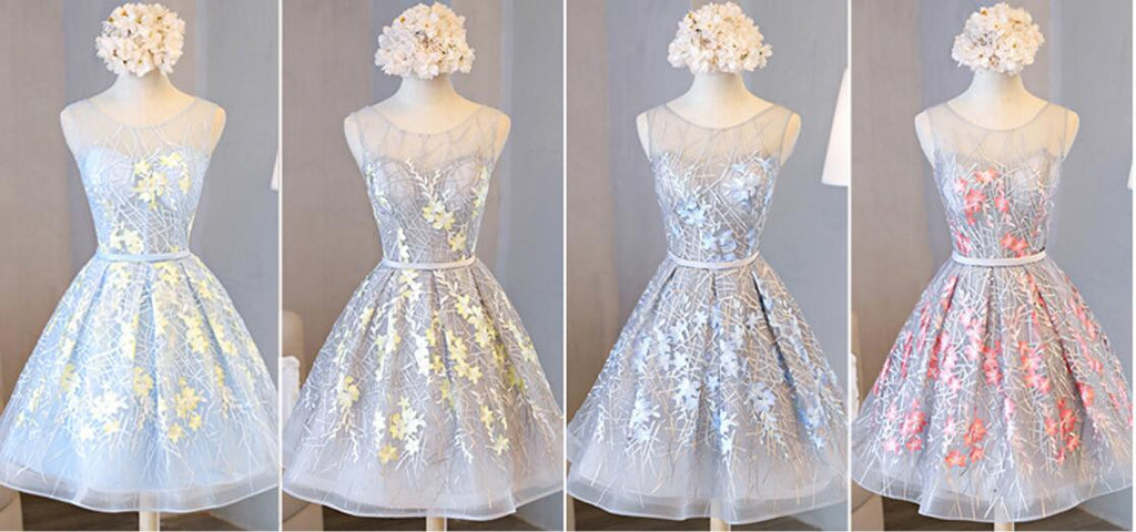 Junior Cute Sleeveless Clairvoyant Outfit Keyhole Lace Up Back Organza Full Appliques Homecoming Dress,BD0133