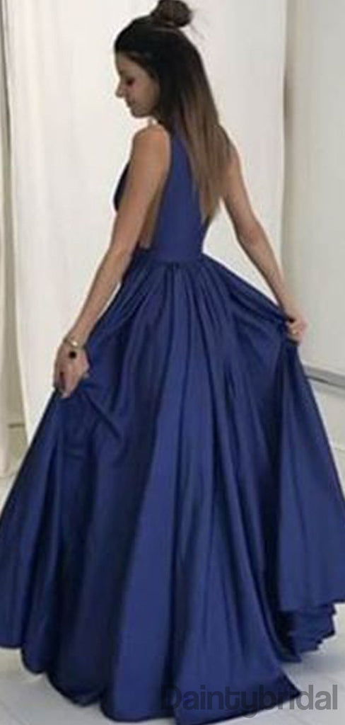 Deep V-neck A-line Floor Length Satin Mermaid Long Prom Dresses Evening Dresses.DB10238