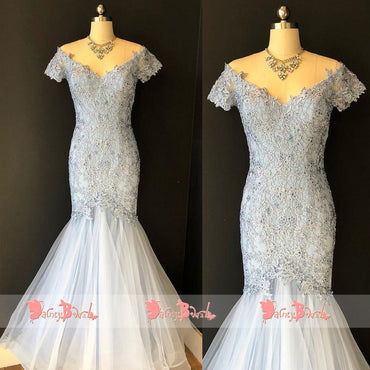 Light Pale Blue Off The Shoulder Lace Short Sleeve V-neck Mermaid  Prom Dresses. DB1074