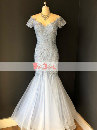 Light Pale Blue Off The Shoulder Lace Short Sleeve V-neck Mermaid  Prom Dresses. DB1074