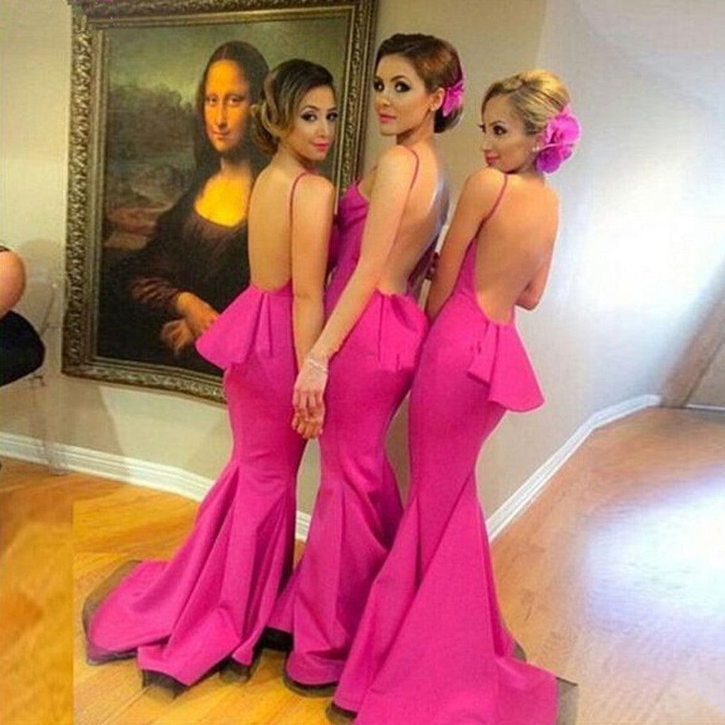 Beautiful Sexy Backless Mermaid Spaghetti Strap Young Girls Mismatched Long Sweep Trailing Bridesmaid Dresses, WG131