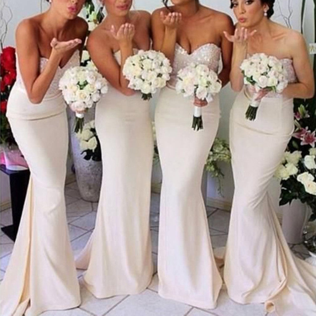 Simple Cheap Sexy Mermaid Sweetheart Strapless Sparkly Beads Top Long Wedding Party Bridesmaid Dresses, WG137