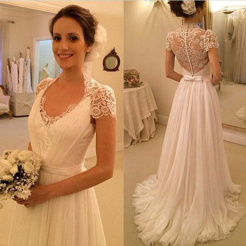 Elegant Cap Sleeve Clairvoyant Outfit Lace Top Button Sheath Sweep Trailing Wedding Dresses, WD0137