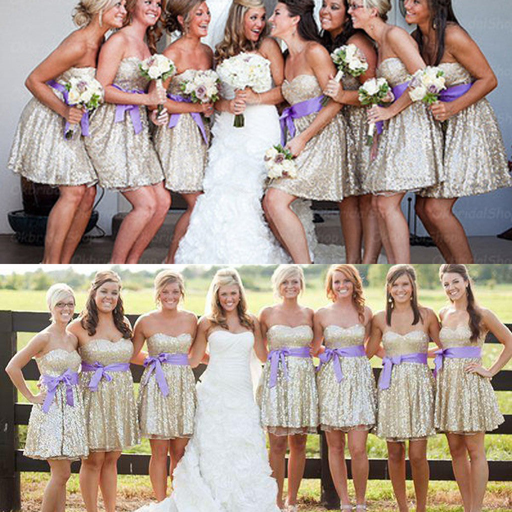 Sparkly Sequin Sweetheart Strapless Shinning Knee-Length Cheap Short Bridesmaid Dresses fpr Wedding Party, WG139