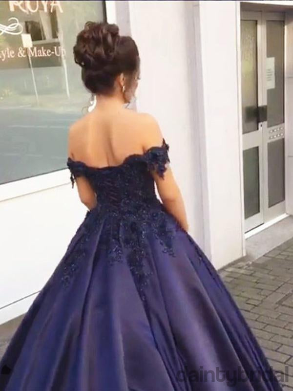 Navy Blue Ball Gowns Off Shoulder A-Line Satin Long Prom Dresses.DB10030