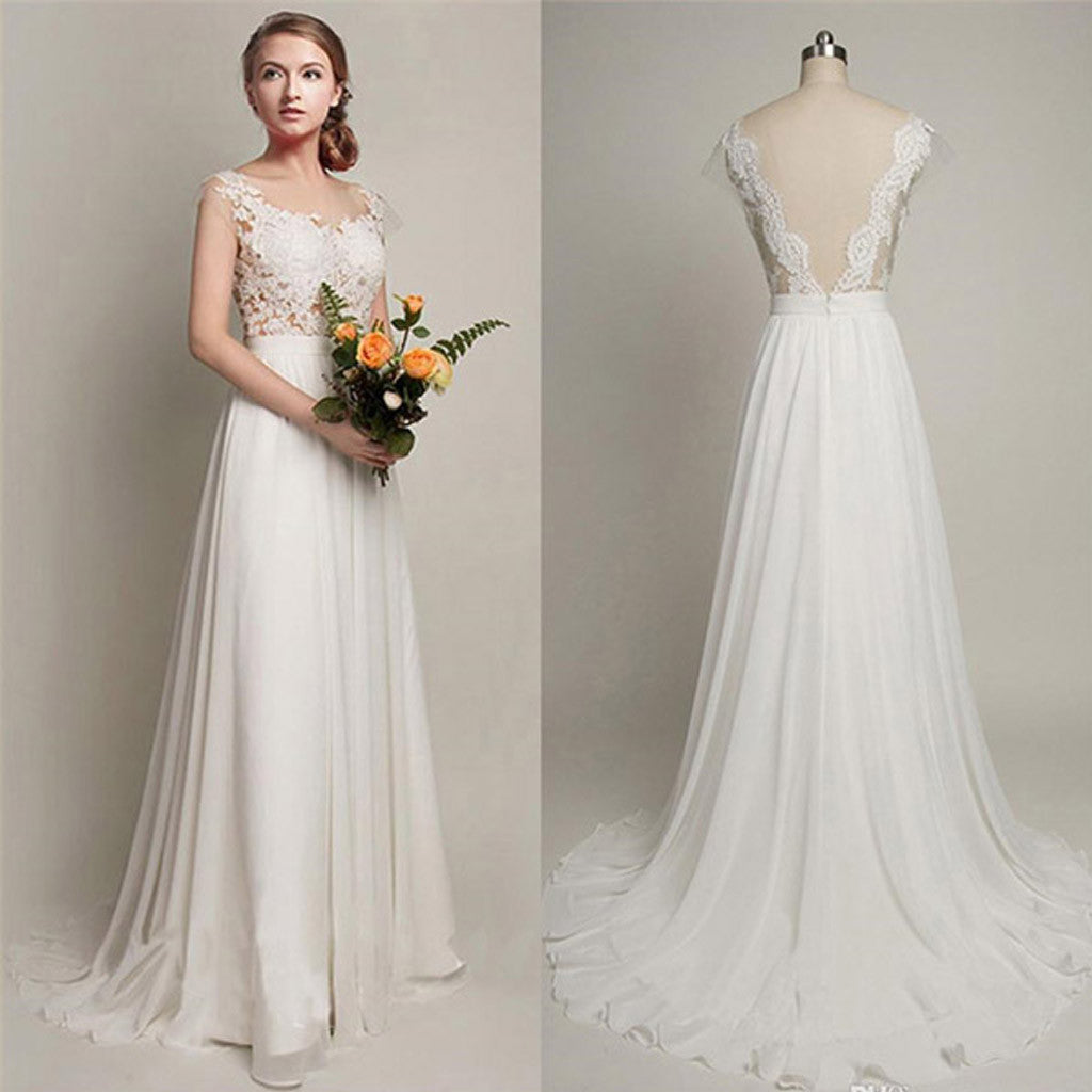 Cheap Simple Column Sleeveless V-back Lace Top Chiffon Sweep Trailing Wedding Party Dresses, WD0013