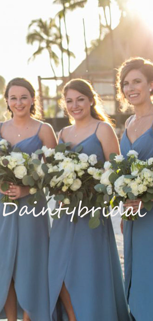 Charming V-neck Side Slit Simple Long Bridesmaid Dresses.DB10757