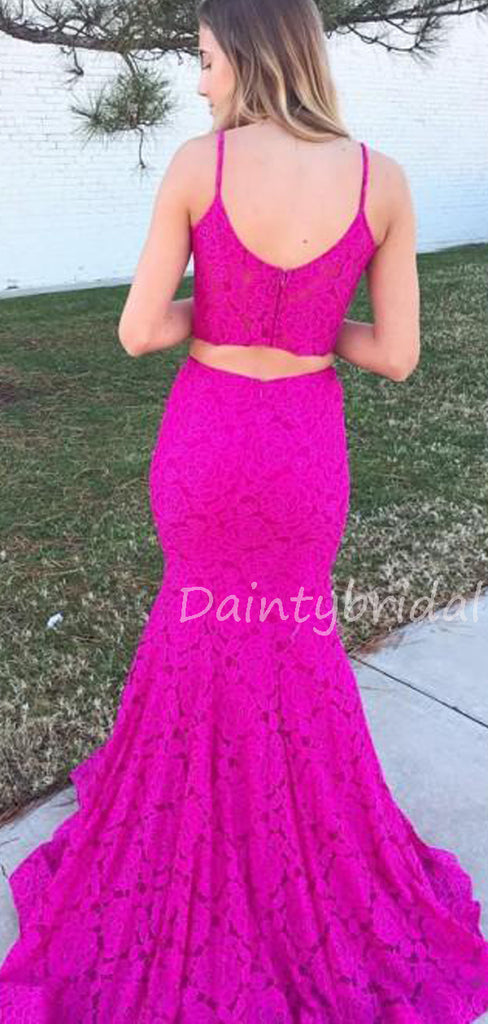 Charming V-neck Lace Two-piece Mermaid Long Prom Dresses Evening Dresses.DB10554