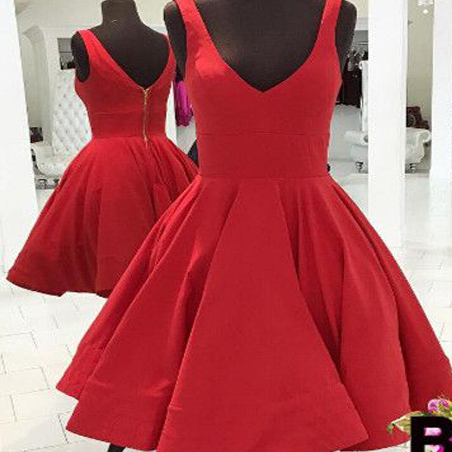 Red simple v-neck freshman A-line cheap homecoming dress,BD00141