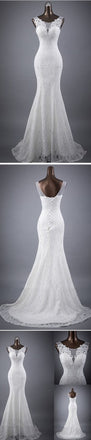 Popular Elegant Sleeveless Mermaid Lace Up Back Lace Sweep Trailing Wedding Dresses, WD0142