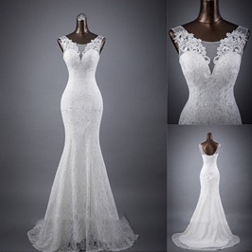 Popular Elegant Sleeveless Mermaid Lace Up Back Lace Sweep Trailing Wedding Dresses, WD0142