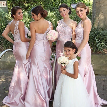 One Shoulder Asymmetric Mermaid Elegant Pink Handmade Flowers Sweep Trailing Bridesmaid Dresses , WG143