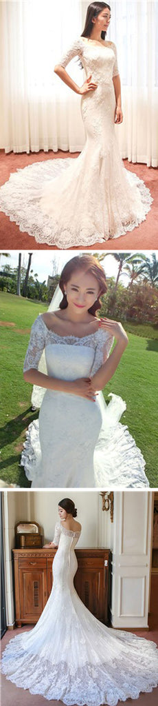 Gorgeous Scoop Neck Half Sleeve Popular Mermaid Full Lace Chapel Trailing Wedding Dresses, WD0144