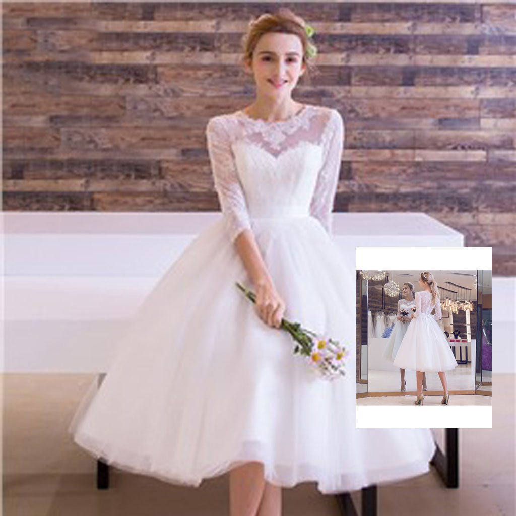 Cute A-line White Lace Round Neck Half Sleeve Clairvoyant Outfit Tulle Knee Length Wedding Dresses, WD0145