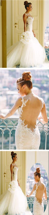 Cheap Summer Sexy Mermaid Backless Spaghetti Strap Lace Appliqures Tulle Wedding Dresses, WD0147