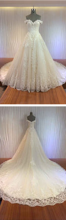 Gorgeous Off Shoulder Sweetheart Zip Up Long A-line Lace Cathedral Train Wedding Dresses, WD0148