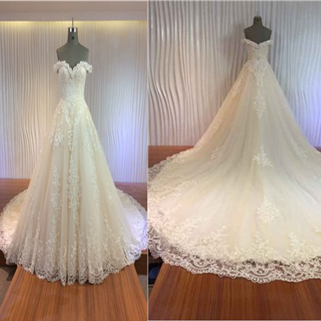 Gorgeous Off Shoulder Sweetheart Zip Up Long A-line Lace Cathedral Train Wedding Dresses, WD0148