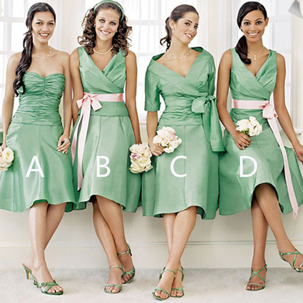 Unique Satin Mismatched Green Different Styles Cheap Short Knee Length Bridesmaid Dresses, WG149