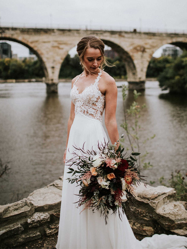 Affordable V-neck Simple Chiffon Lace Long Sleeve Open Back Long Weddi DaintyBridal Affordable V-neck Simple Chiffon Lace Long Sleeve Open Back Long Weddi DaintyBridal