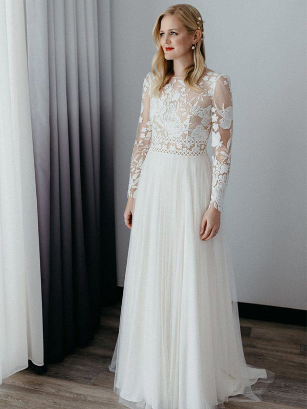 Simple Round Neck Long Sleeve Tulle Lace Long Wedding Dresses, DB10743