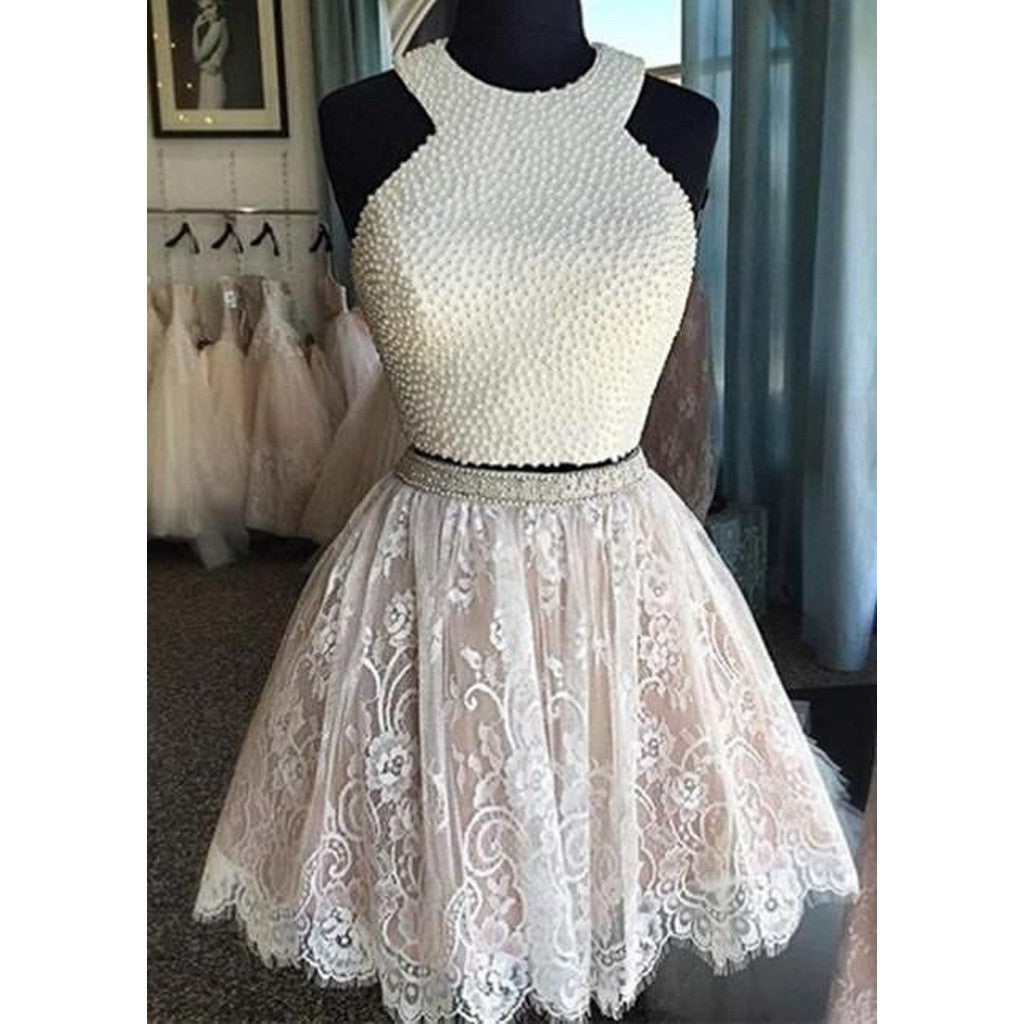 Sexy Two Pieces Halter Lace skirt Pearls bodice Cute homecoming dresses, CM0010