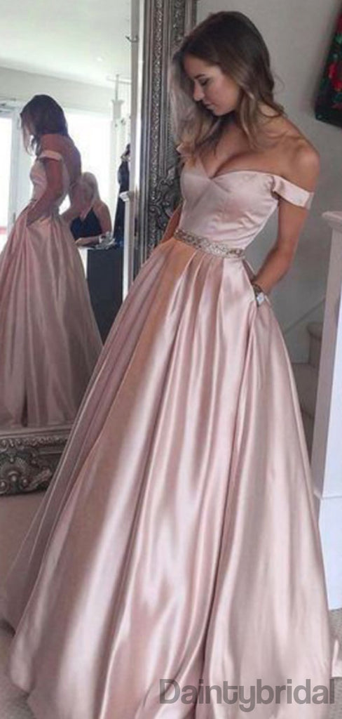 Off-shoulder Satin A-line Floor Length Prom Dresses.DB10194