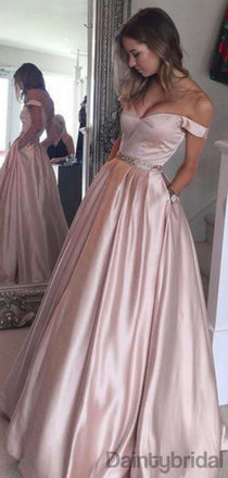Off-shoulder Satin A-line Floor Length Prom Dresses.DB10194