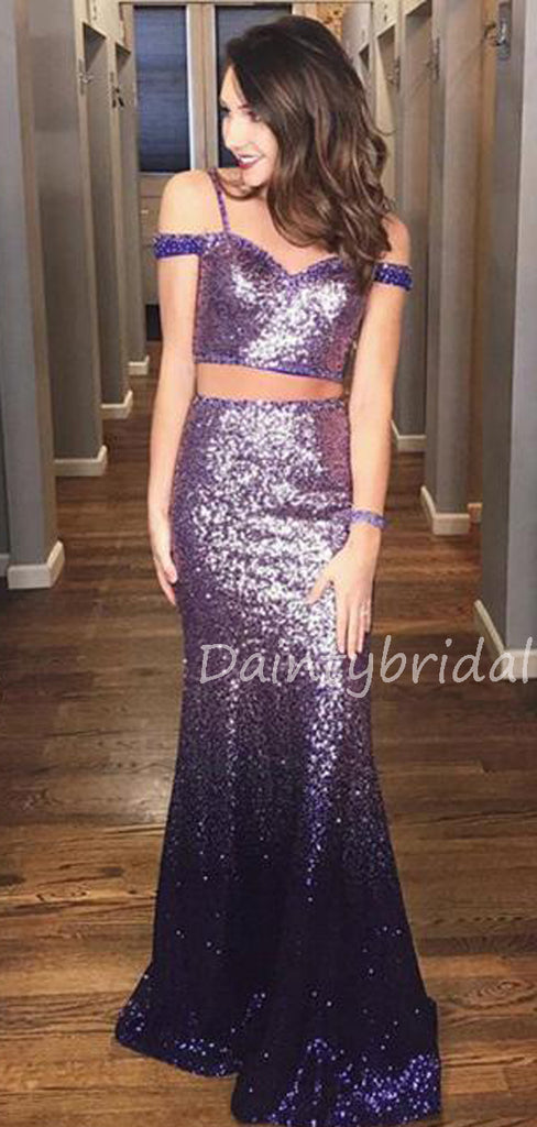 Charming Mermaid Sequin Two-piece Long Prom Dresses Evening Dresses.DB10555