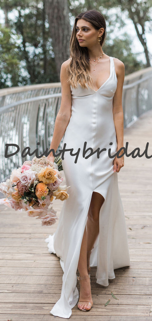 Simple V-neck Sleeveless Mermaid Side Slit Long Wedding Dresses, DB10744