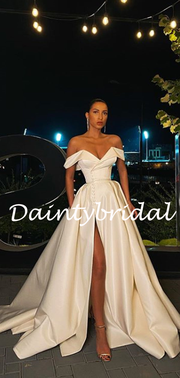 dresses night Sexy Off-shoulder Satin Satin Side Slit A-line Prom Dresses Evening Dr – DaintyBridal