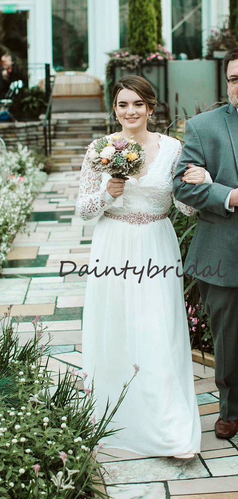 Affordable V-neck Simple Chiffon Lace Long Sleeve Open Back Long Wedding Dresses.DB10689