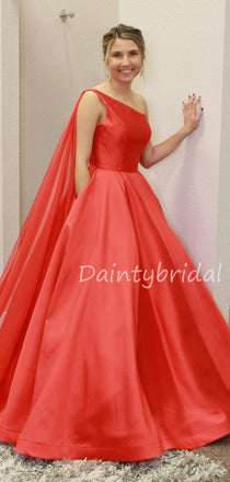 Charming One-shoulder Satin A-line Long Prom Dresses Evening Dresses.DB10575