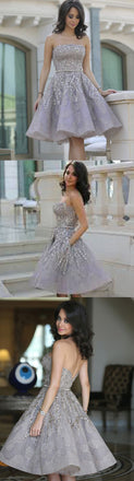 Gorgeous A-line Grey Spaghetti Sash Floral Prints Strapless Organza Homecoming Dress,BD00151