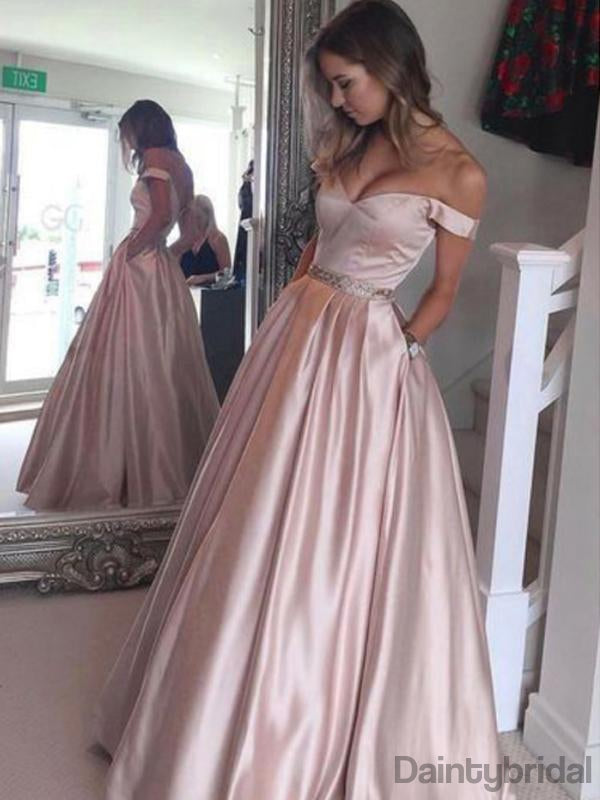 Off-shoulder Satin A-line Floor Length Prom Dresses.DB10194