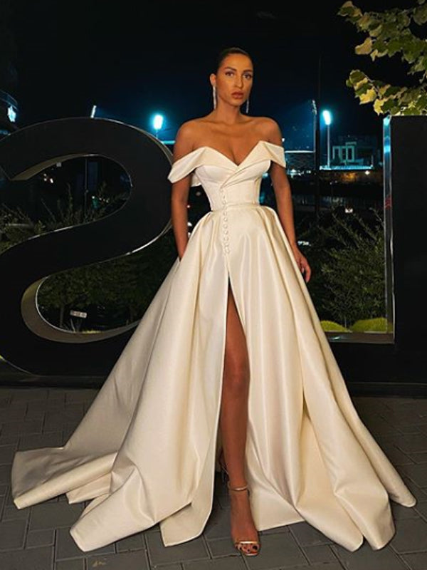 Sexy Off-shoulder Satin Satin Side Slit A-line Prom Dresses Evening Dr DaintyBridal Sexy Off-shoulder Satin Satin Side Slit A-line Prom Dresses Evening Dr DaintyBridal