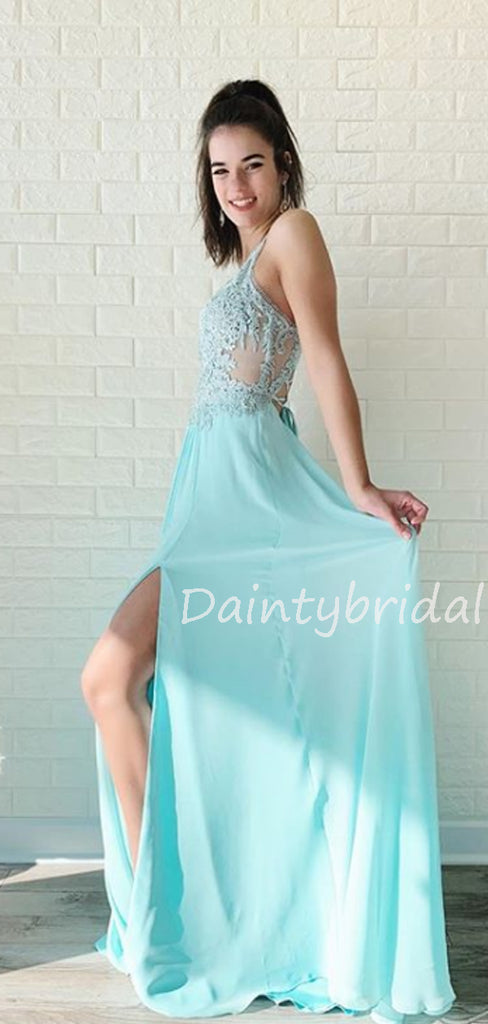 Charming V-neck  Lace Chiffon A-line Side Slit Long Prom Dresses Evening Dresses.DB10604