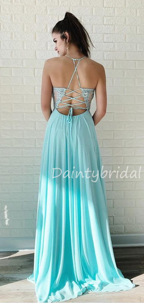 Charming V-neck  Lace Chiffon A-line Side Slit Long Prom Dresses Evening Dresses.DB10604