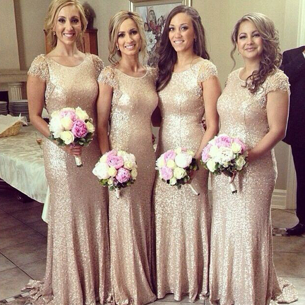Shinning Cap Sleeve Sequin  Round Neck Long Column Sweep Trailing Bridesmaid Dresses for Wedding Party, WG160