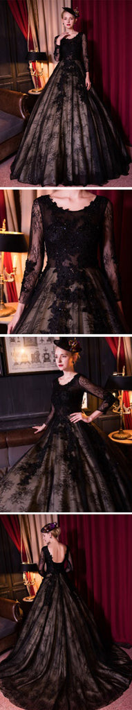 Special Black Tulle Lace Scoop Neck Long Sleeve A-line Ball Gown Prom Dress Wedding Dresses, WD166