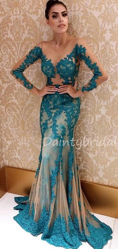 Charming Lace Tulle Mermaid Long Sleeve Long Prom Dresses Evening Dresses.DB10557